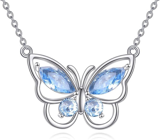 Butterfly Necklace for Women 925 Sterling Silver Crystal Butterfly Pendant Birthstone Amethyst Jewelry Gift