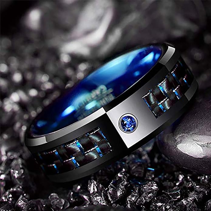 NUNCAD Men's 8mm Black Tungsten Carbide Ring Blue Rings for Men Carbon Fiber Polished Wedding Band Finish Comfort Fit Size 6-15