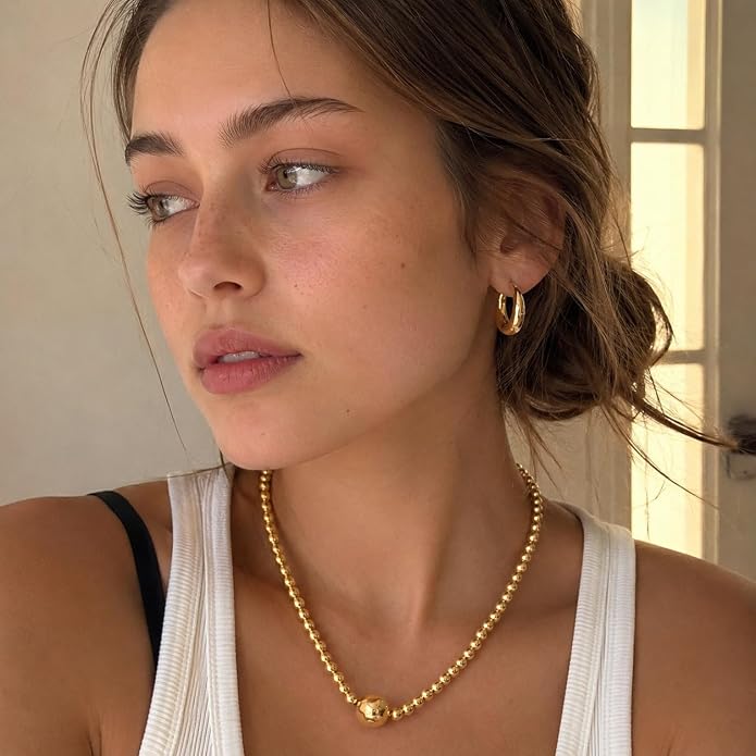 COBI Paperclip Chain Necklace for Women,Beaded Necklace,18K Gold /925 Sterling Silver Plated,Chunky Link Chain Necklace for Daily Wear,Ideal Gift for Her 17"