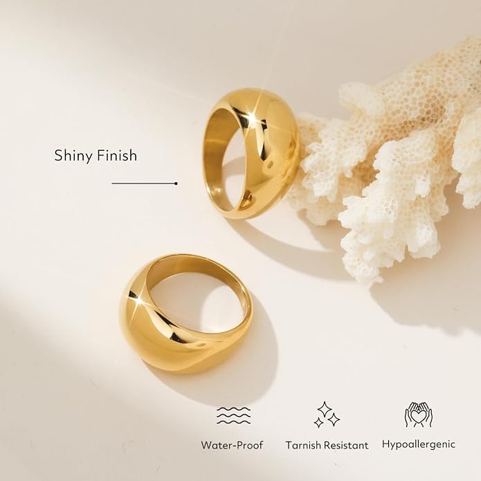 Chunky Statement Rings for Women, Wide Signet Dome Croissant Twist Band Non-Tarnish 18k Gold Plated Stainless Steel Size 5-11