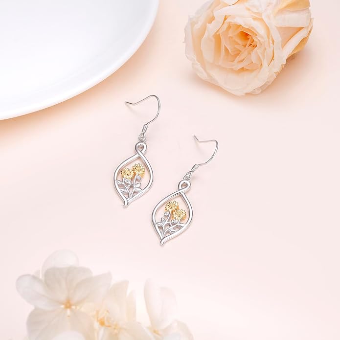 925 Sterling Silver Filigree Dangle Drop Earrings Daisy/Lotus/Rose Flower/Moonstone Leverback Teardrop Earrings for Women Infinity Celtic Knot Daisy Lotus Jewelry for Mothers Day
