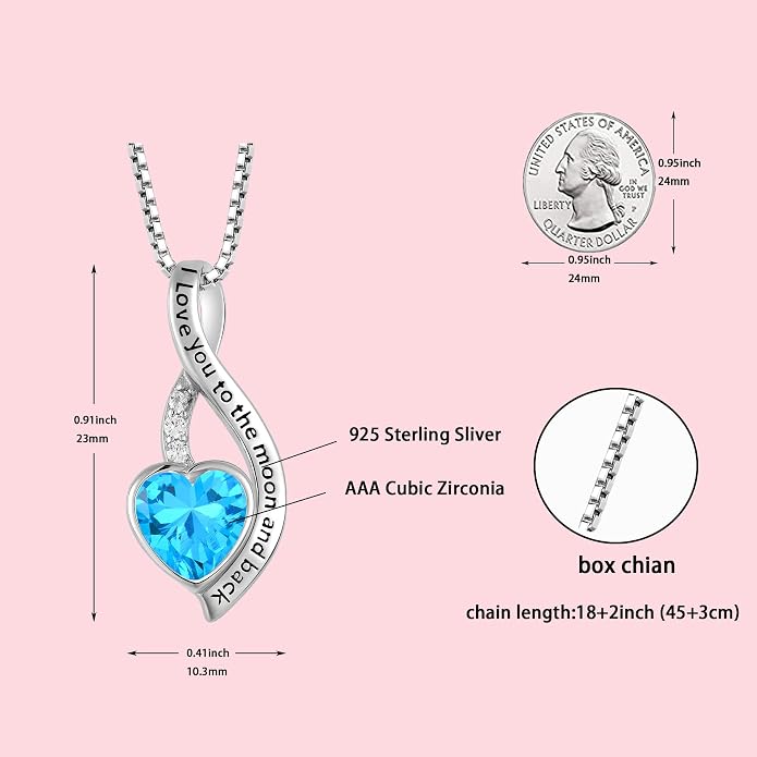 I Love You to The Moon and Back Necklace for Women, 925 Sterling Silver Heart Birthstone Pendant Necklace Jewelry Anniversary Birthday Gifts for Girls Women Wife Mom Daughter