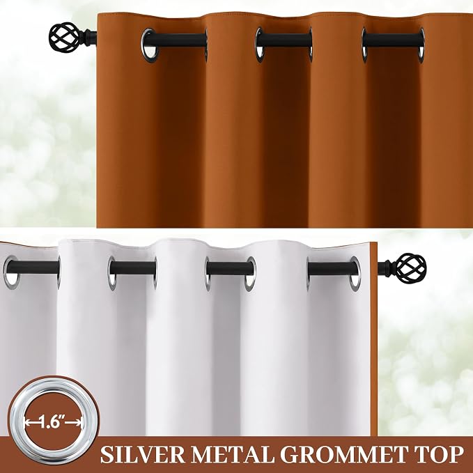 Yakamok Burnt Orange 100% Blackout Curtains 63 Inches Long 50" Wide 2 PCS | Blackout Curtain Panels for Bedroom, 2 Thick Layers Grommet Top Thermal Insulated Drapes with White Back for Living Room