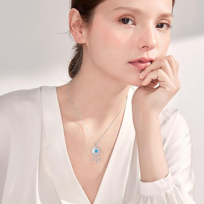 Dream Catcher Moonstone/Turquoise Necklace 925 Sterling Silver Moon Necklace Dream Catcher Pendant Necklace Dream Catcher Jewelry Moonstone/Turquoise Jewelry Sun Necklace Gifts for Women