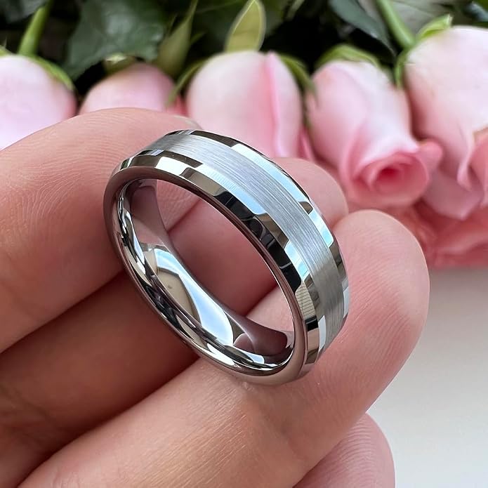 TUTISS 6mm 8mm Silver/Black/Gunmetal/Gold Tungsten Rings for Men Women Fashion Jewelry Engagement Wedding Bands Matte Polished Shiny Beveled Edges Comfort Fit