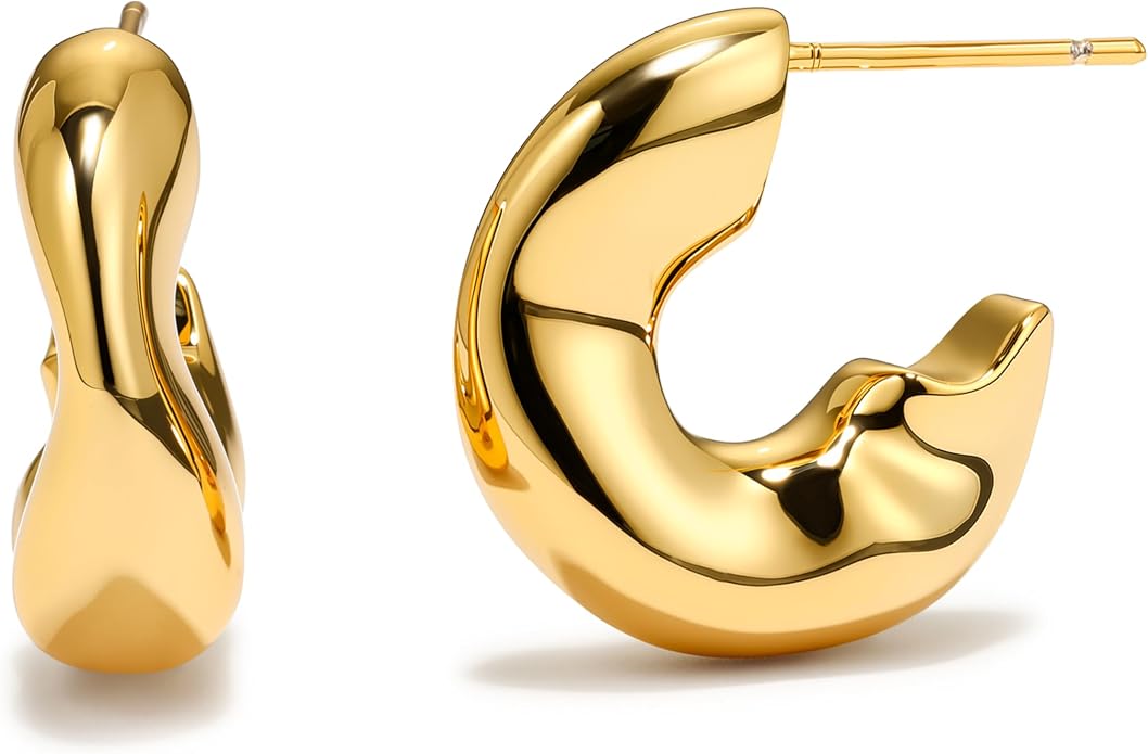 18K Gold Plated Chunky Hoop Earrings, Gold Hoop Earrings for Women Thick Open Hoops, Lightweight Hollow Hoops Earring for Women Hypoallergenic Jewelry Gifts