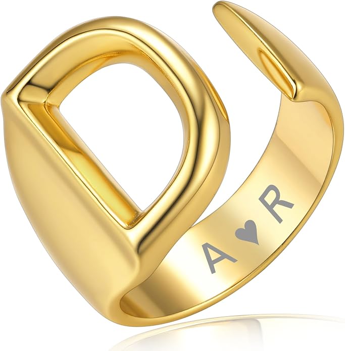 KeyStyle Bold Initial Letter Rings Adjustable, GoldChic Jewelry Women Gold Statement Ring Personalized Engraved Women’s Open Signet Ring for Party (Gold, White Gold, Black)