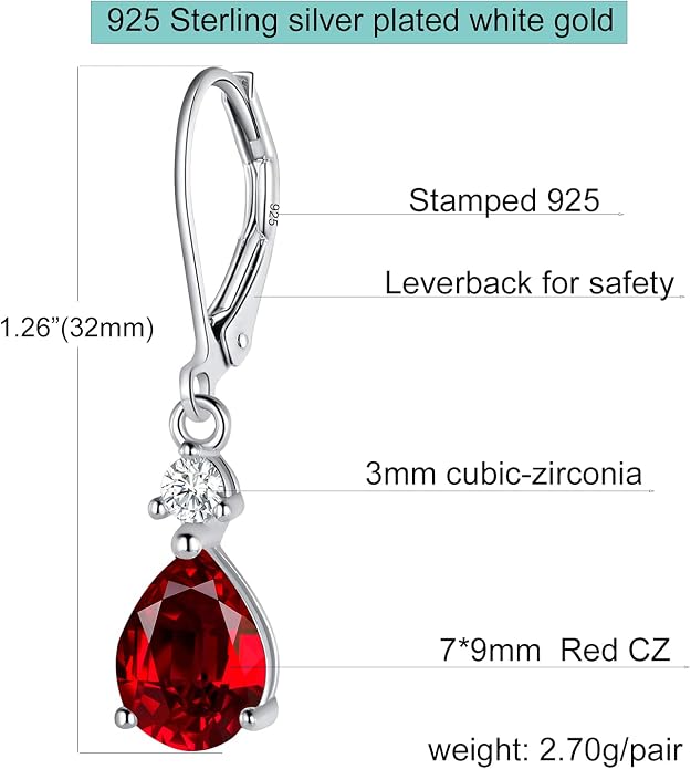 925 Sterling Silver Blue Topaz/Amethyst/Rainbow Quartz CZ Teardrop Leverback Earrings Drop Dangly Gemstone Earings Hypoallergenic Birthday Jewelry Gifts for Women