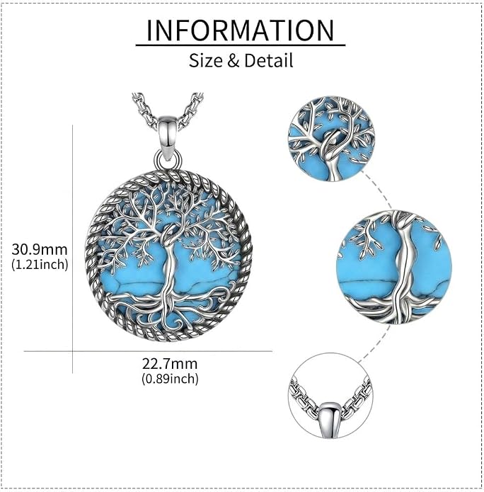 Tree of Life Necklace 18K White Gold Plated Turquoise/Pearl Shell/Malachite/Abalone Shell/Blue Opal/Black Onyx Tree Necklace Jewelry Gift for Women Men,22+2"