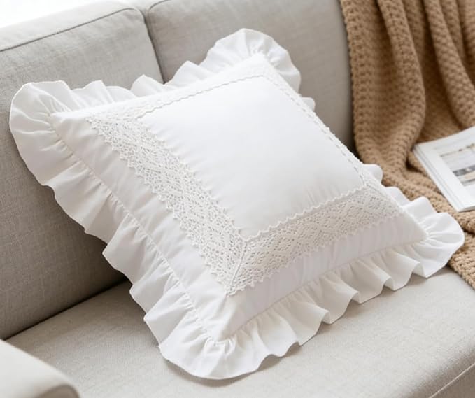 18x18 Pillow Covers, White Lace Square Cushion Cover 100% Cotton Throw Pillow Cover Pillowcase Set of 2, Decorative Cushion case,Handmade Pillowcase with Ruffles