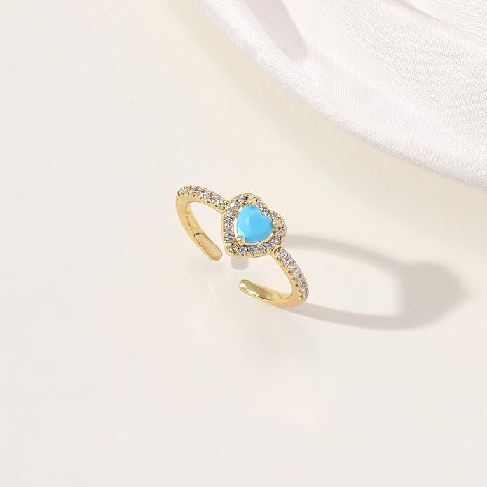 Gold Birthstone Rings for Women Non Tarnish 14k Gold Plated Dainty Heart Rings Adjustable Size Cubic Zirconia Ring Gold Simulated Gemstone Rings Birthday Gifts for Women