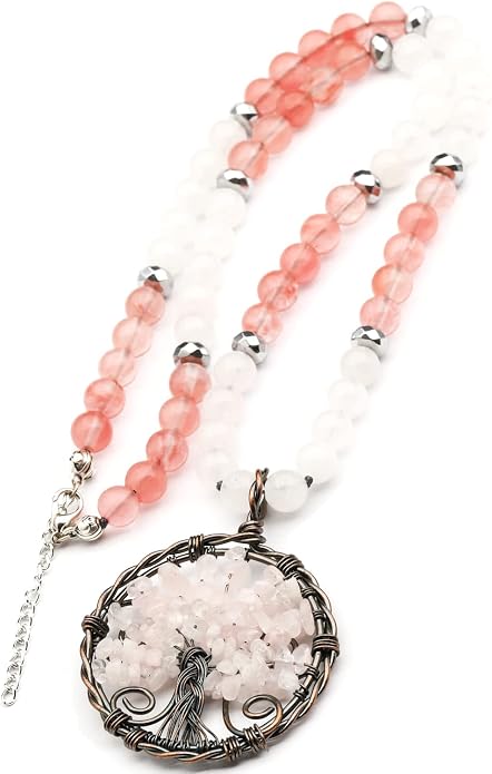 ElisaJewelryArt - Natural Amethyst Big Tree Of Life Pendant Selenite And Amethyst Stone Beaded Necklace Genuine Gemstone Healing Stone Clasp Closure Necklace Unisex Necklace