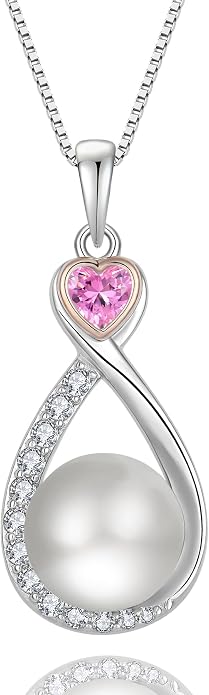 Heart Birthstone Pearl Pendant Necklace, 925 Sterling Silver Infinity Necklace with 10mm Freshwater Cultured Pearl & 4mm Gemstone Jewelry for Women
