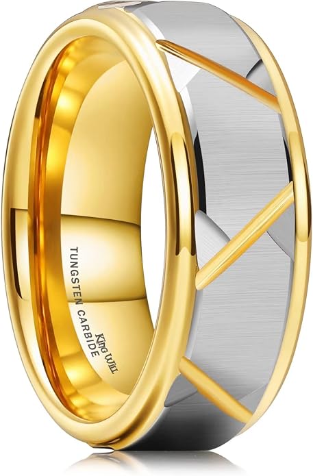 King Will Men's 8mm Tungsten Carbide Wedding Band, Hammered Faceted Diamond Cut Ring with Groove Inlay, Geometric Industrial Engagement Band for Men Women Comfort Fit Size 7-14