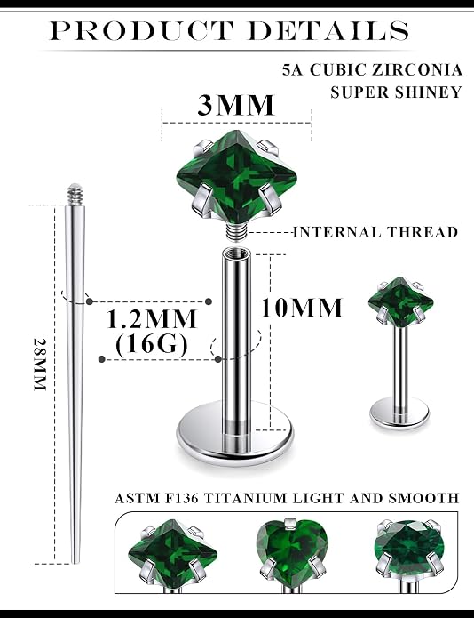 20G 18G 16G Astm F136 Titanium Internal Thread Flat Back Earrings Nose Studs Tragus Helix Conch Cartilage Lobe Earrings Medusa Labret Snake Bite Monroe Lip Ring Piercing Jewelry For Women Men