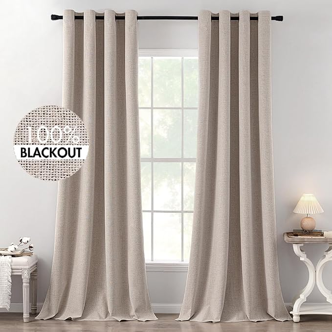 MIULEE Linen Texture Curtains for Bedroom Solid 100% Blackout Thermal Insulated Khaki Curtains Grommet Room Darkening Curtains/Draperies for Living Room 52x120 Inch (2 Panels)