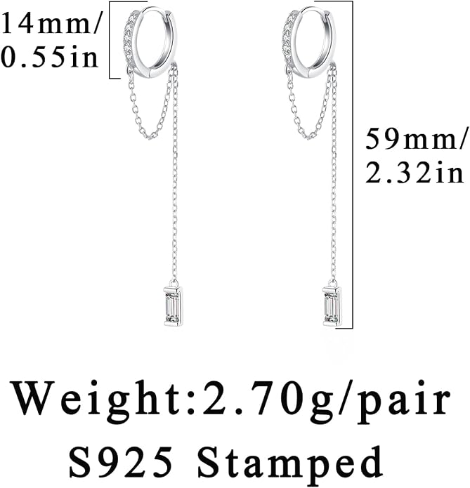 Reffeer 925 Sterling Silver CZ Chain Hoop Earrings Dangle for Women Teens Dangle Earrings Chain Drop Earrings Huggie