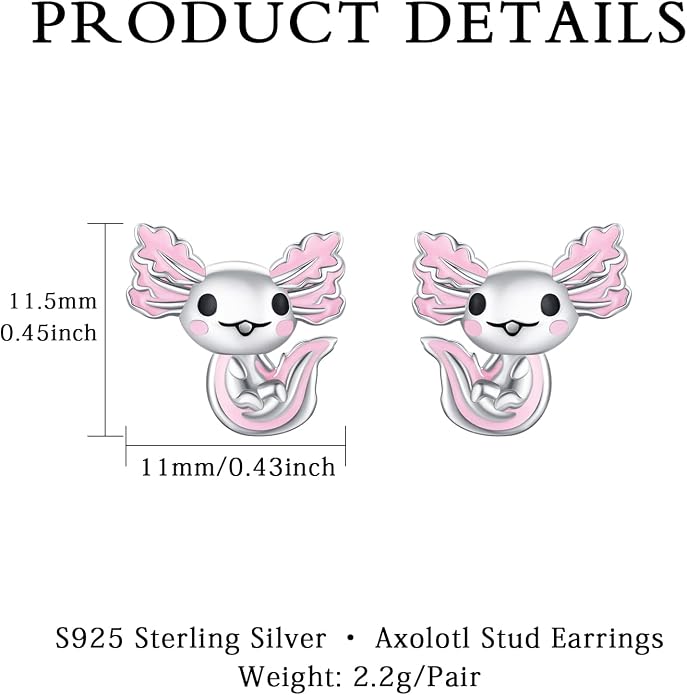 925 Sterling Silver Axolotl Earrings White Gold/Rose Gold Axolotl Jewelry for Women Girls Pink/Blue Axolotl Gifts