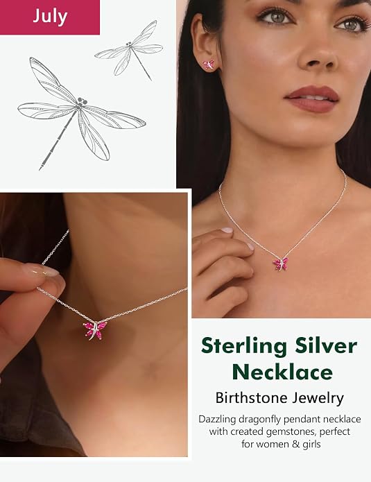 925 Sterling Silver Birthstone Necklaces for Women, Dainty Cute Dragonfly/Butterfly Pendant Necklace, Great Christmas/Anniversary Jewelry for Mother