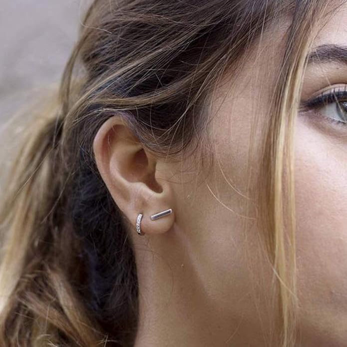 EPIRORA Sterling Silver Stud Earrings for Women Men- 4 Pairs of Hypoallergenic Simple Geometric Small Stud Earring Set Tiny Circle Triangle Square Bar Stud Earrings Mini Cartilage Tragus Earrings