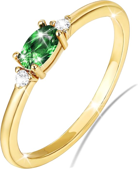 Lunvky 14k Gold Plated Birthstone Rings for Women Teen Dainty Stackable Pinky Rings Non Tarnish CZ Emerald Green Gemstone Thumb Finger Band Ring Cute Jewelry Birthday Gift Size 6-11