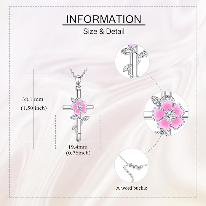 Flower Cross Necklace 925 Sterling Silver Carnation/Rose/Lily/Daisy Cross Necklace Birth Flower Jewelry for Women