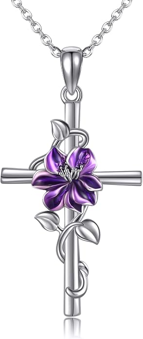 Flower Cross Necklace 925 Sterling Silver Carnation/Rose/Lily/Daisy Cross Necklace Birth Flower Jewelry for Women