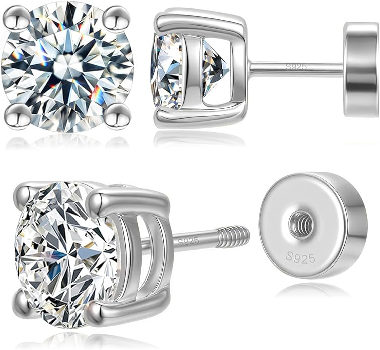 Flat Back Moissanite Stud Earrings for Women Men, 0.2ct-2ct Poke-Free Flatback Comfortable for Sleep, Solid 925 Sterling Silver White Gold Plated Diamond Jewelry Gifts for Him Her Hypoallergenic