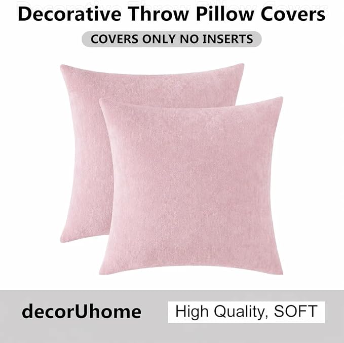 decorUhome Soft Chenille Blush Pink Throw Pillow Covers 16X16 Set of 2 | Decorative Fall Couch Pillow Covers Solid Dyed Accent Modern Farmhouse Neutral Square Pillow Cases for Sofa