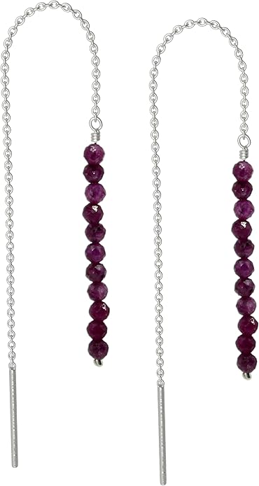 Sterling Silver Threader Earrings with Real Gemstone Beads - Elegant Pull-Through Design for Women, Dangling Western Earrings, Long and Short Adjustable Earring