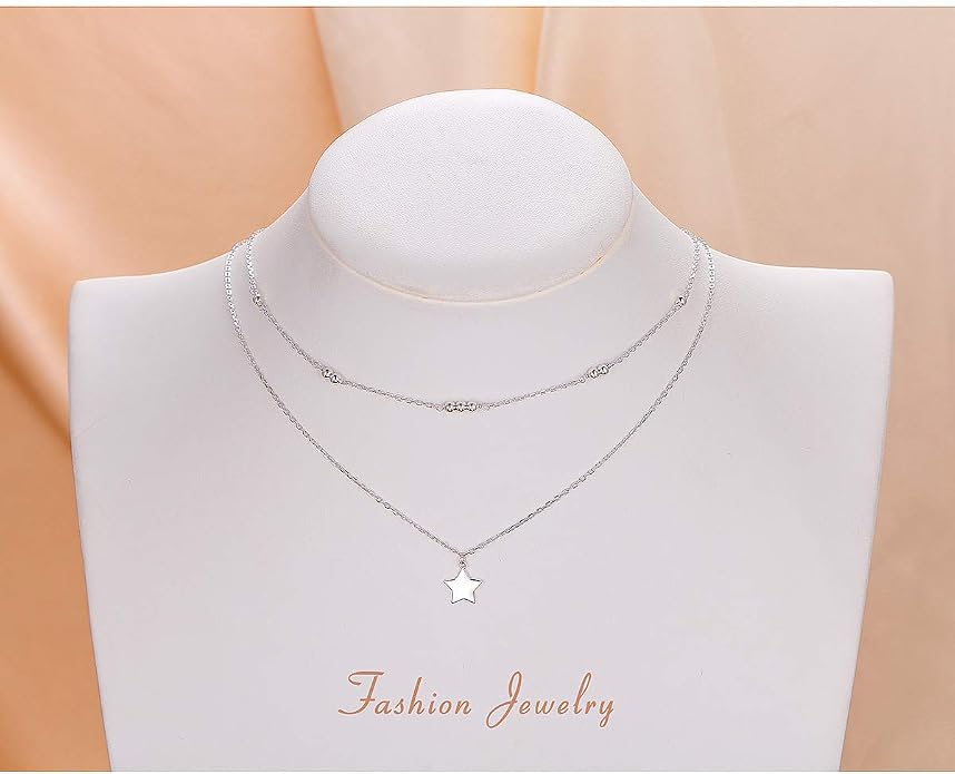 Layered Choker Necklaces for Women S925 Sterling Silver Circle/Heart/Cross/Star Multi Layered Necklace Handmade Bead Chain Adjustable Jewelry for Birthday