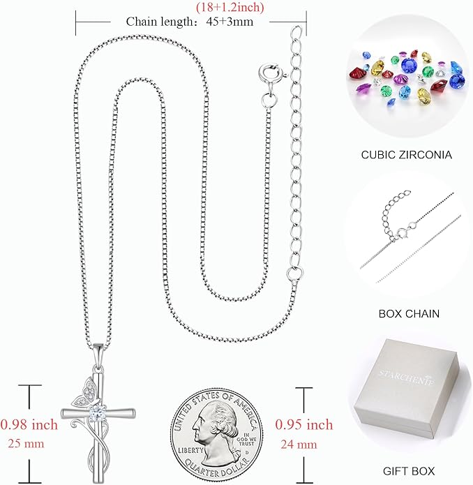 STARCHENIE Butterfly Cross Necklace 925 Sterling Silver Crucifix Pendant Birthstone Jewelry for Women