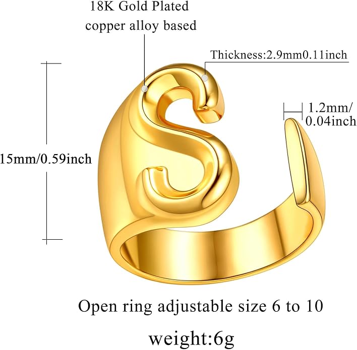 FindChic Customizable Initial Ring Statement 18K Gold Plated Fashion Cuff Rings for Women Alphabet Letter A to Z Resizable Knuckle Ring (with Gift Box)