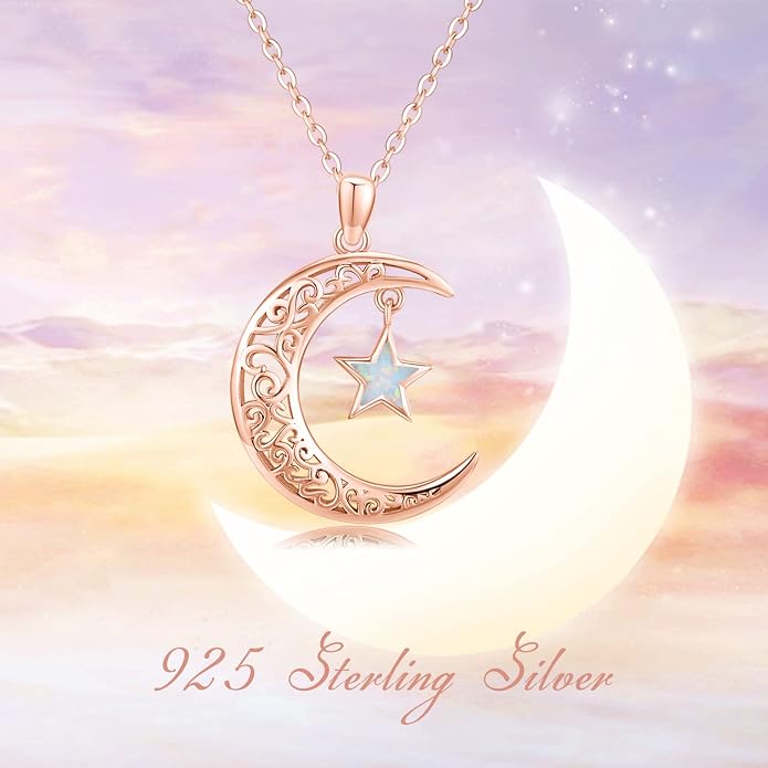 TRISHULA Moon Star Necklace, 925 Sterling Silver Crescent Moon Sun Pendant with Moonstone Crescent Jewelry Gift for Her Sister Birthday Christmas