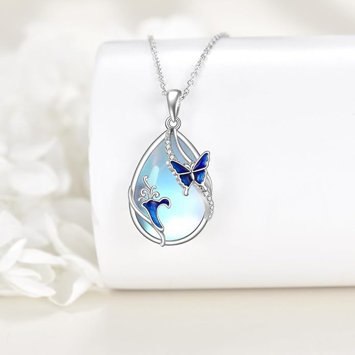KQF Dragonfly/Butterlfy/Cat/Jellyfish/Bunny/Axolotl/Bee/Mermaid/Hummingbird/Elephant Necklace for Women Sterling Silver Moonstone Pendant Necklace Dragonfly Jewelry Gifts for Women