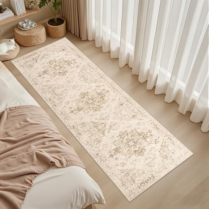 2'6''x8' Hallway Washable Runner Rug: Vintage Boho Neutral Kitchen Rug Soft Small Area Rug Indoor Floor Non-Slip Low Pile Carpet for Farmhouse Entryway Laundry Bathroom Bedroom Beside Rugs Beige/Ivory