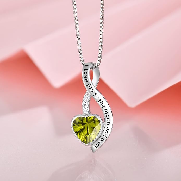I Love You to The Moon and Back Necklace for Women, 925 Sterling Silver Heart Birthstone Pendant Necklace Jewelry Anniversary Birthday Gifts for Girls Women Wife Mom Daughter