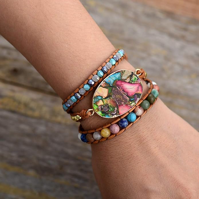 Women Wrap Bracelet Boho Natural Jasper Crystal Stone Beads Strand Bracelets