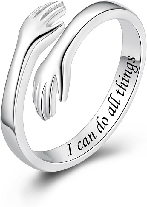 S925 Sterling Silver Hug Rings for Women Teen Girls Adjustable Ring for Granddaughter Daughter Hope Promise Friendship Hand Ring Jewelry for Birthday Graduation Christmas Mothers Day Valentines Gifts