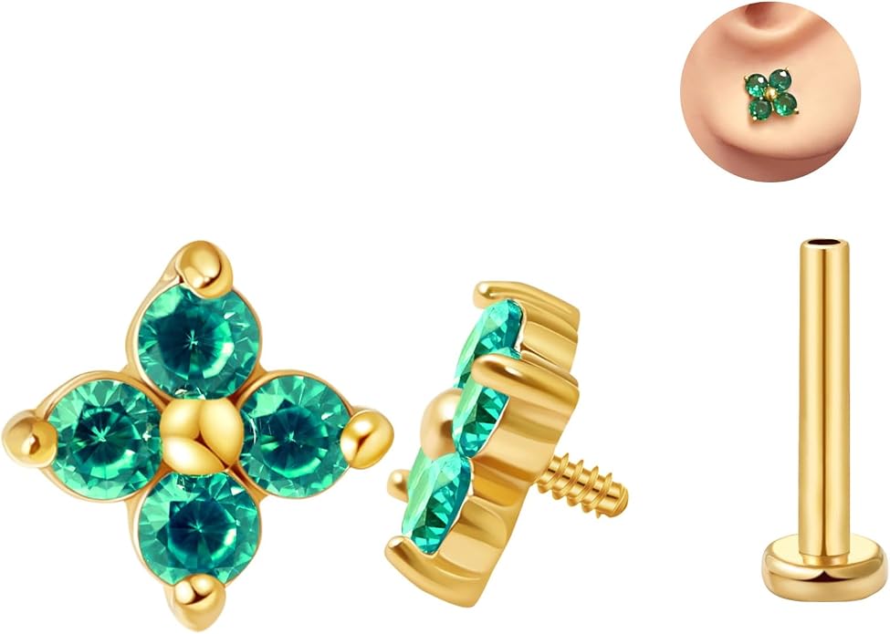 FANSING CZ Flower Internally Threaded Flat Back Earring Labret Stud for Cartilage Tragus Helix Conch