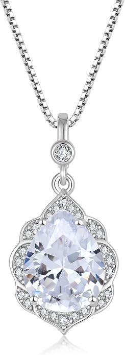Fahonie Birthstone Necklace for Women 925 Sterling Silver Teardrop Gemstone Pendant Necklace Anniversary Birthday Christmas Cubic Zirconia Jewelry Gifts for Women Mom