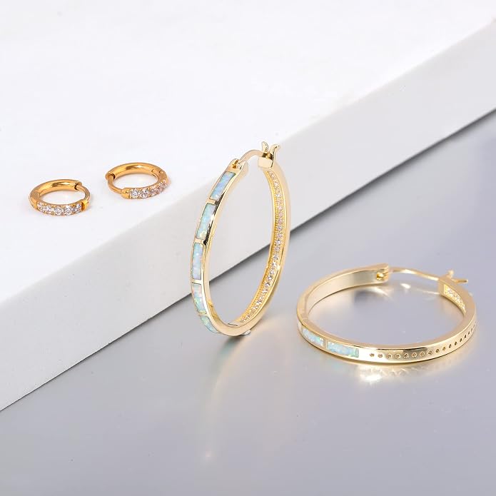 CiNily Opal Hoop Earrings,Women Jewelry Rhodium Plated/Rose Gold or Yellow Gold Plated Gemstone Big Hoop Earrings 32mm