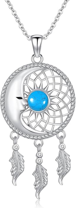 Dream Catcher Moonstone/Turquoise Necklace 925 Sterling Silver Moon Necklace Dream Catcher Pendant Necklace Dream Catcher Jewelry Moonstone/Turquoise Jewelry Sun Necklace Gifts for Women