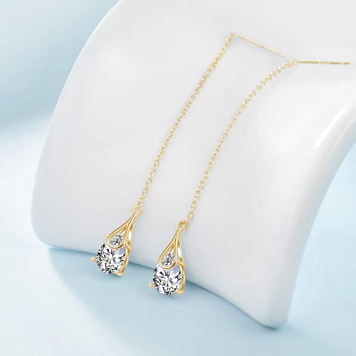 POPLYKE Sterling Silver CZ Threader Earrings Teardrop Chain Tassel Dangling Earrings for Women Dangling Jewelry