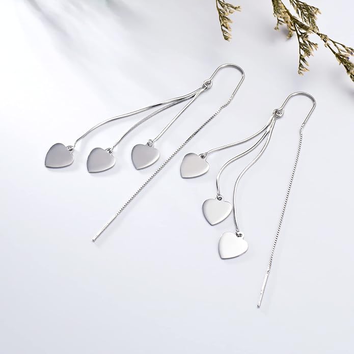 Sterling Silver Threader Earrings Flower Heart Moon Star Tiny Cube Rhombus Sector Beads Dream Catcher Evil Eye Butterfly Leaf Lightning Bolt Tassel Dangle Drop Chain Charm Earrings Jewelry Gifts for Women
