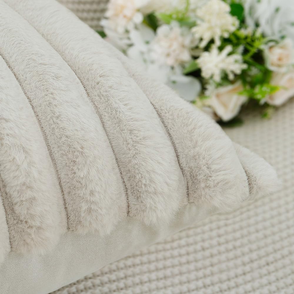 MADIZZ Set of 2 Faux Wool Plush Decorative Throw Pillow Covers 12x20 Inch Greyish White Fluffy Striped Soft Decorative Cushion Cover for Sofa Bedroom Pillow Shell