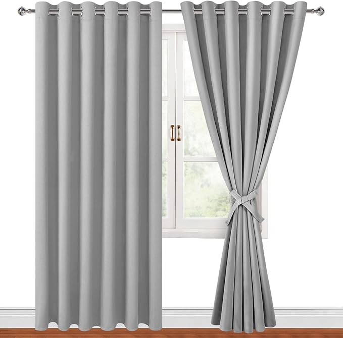 Hiasan Grommet Blackout Curtains for Bedroom, 70 x 84 Inches - Thermal Insulated & Light Blocking Window Drapes for Living Room/Dorm Room, Set of 2 Panels Sewn with Tiebacks, Silver Grey