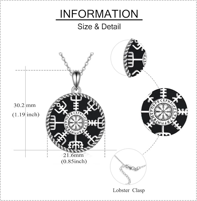 Viking Compass Necklace Sterling Silver Runes Vegvisir Pendant Necklace Mothers Day Jewelry Gift for Women Mom