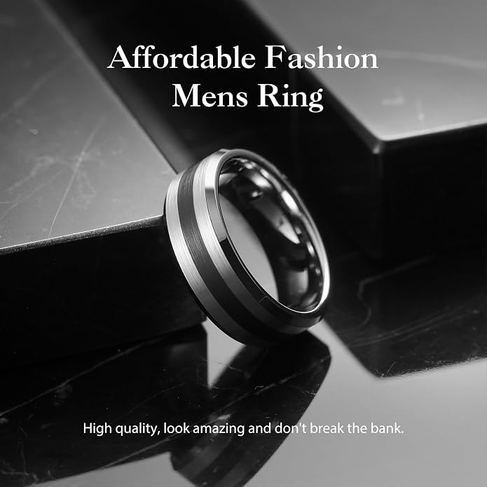 King Will Classic Tungsten Carbide Ring Brushed Two Grooved Center Hammered Design Mens Wedding Band for Men