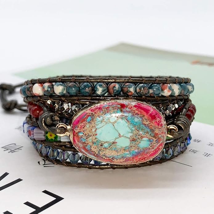 Boho Wrap Bracelet for Women, Handmade Natural Imperial Jasper Multi-Layer Stone Beaded Bracelet, Bohemian Healing Crystal Stone Jewelry Gifts